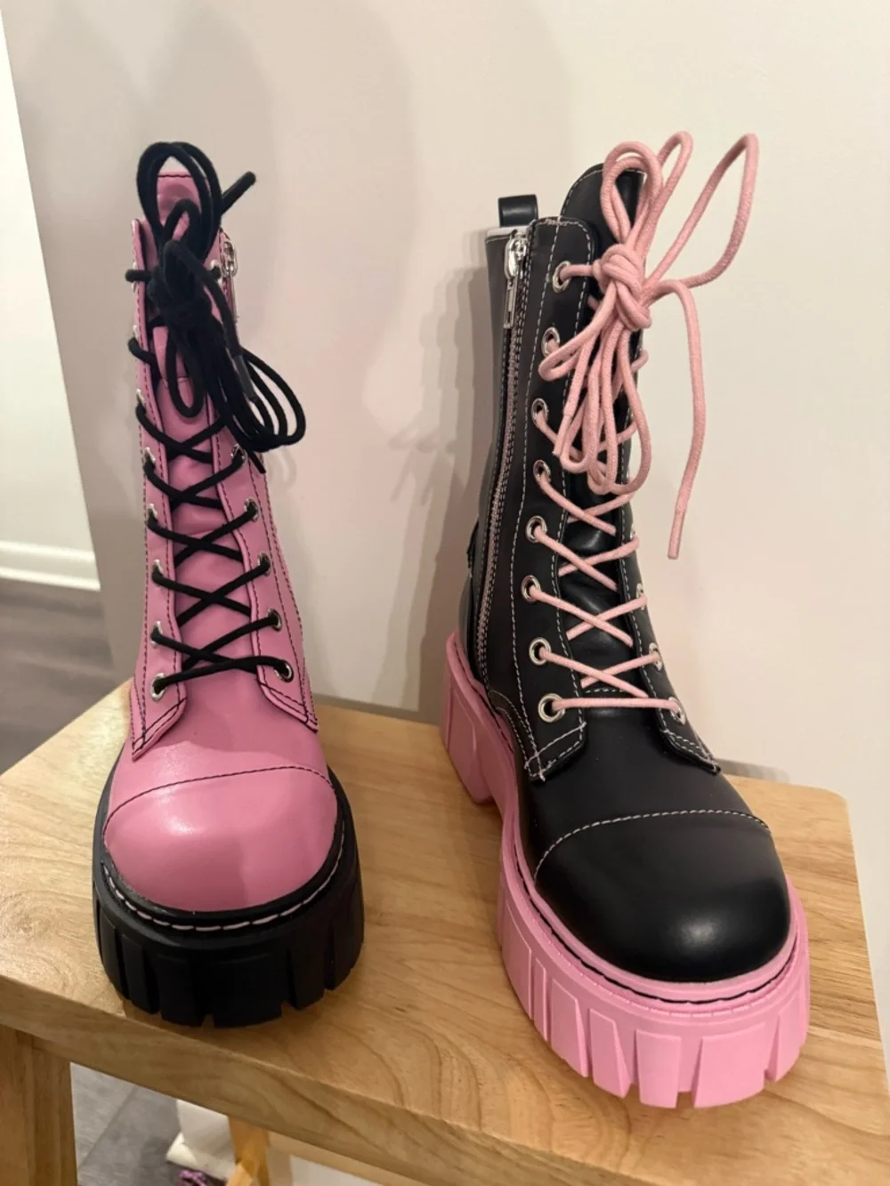 Current Mood Two-Tone Platform Lace-Up Boots in Pink and Black - Picture 3 of 3
